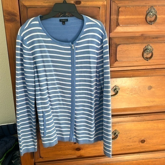 Talbots Blue And White Striped Jacket With Zipper Pockets And Long Sleeve NWOT - Picture 1 of 9